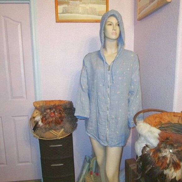 Linen Womens Jacket Size XL Pockets Full Zip Hoodie Long Sleeves Metallic Stars - Picture 2 of 12